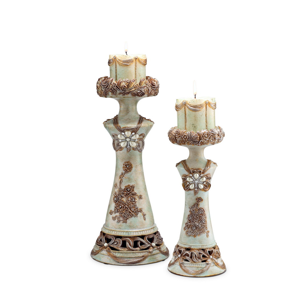 11.75" and 15.5" Polyresin Candleholder, Vintage Rose Design (Set of 2)