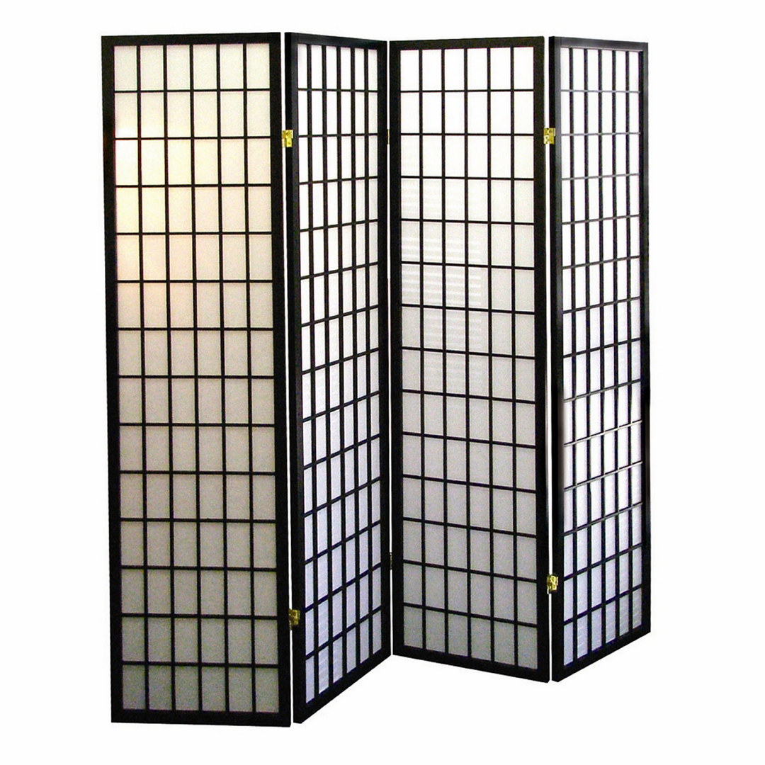 70" Tall 4-Panel Screen / Room Divider, Japanese Style with Black finish