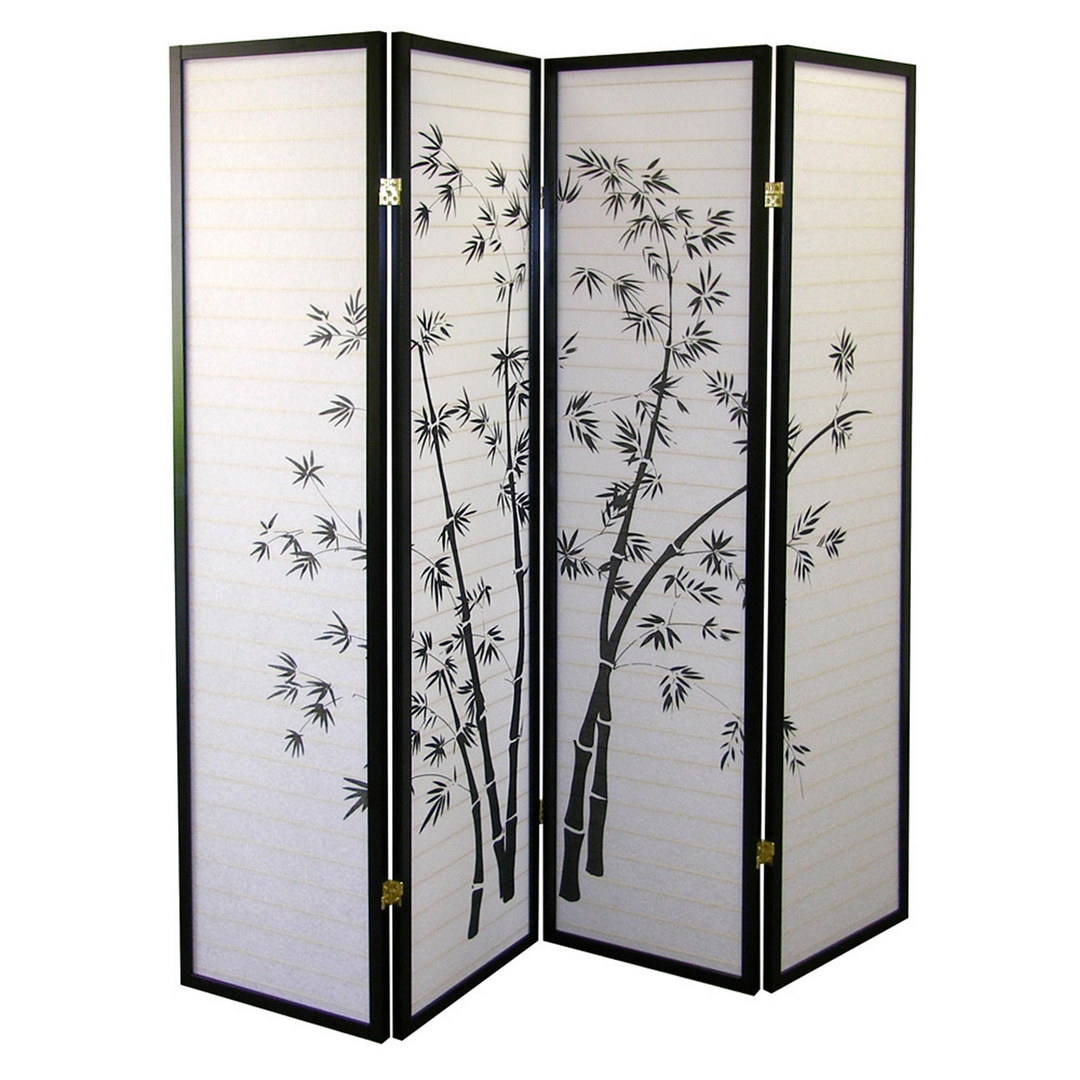 70" Tall 4-Panel Screen / Room Divider, Bamboo Design with Black finish